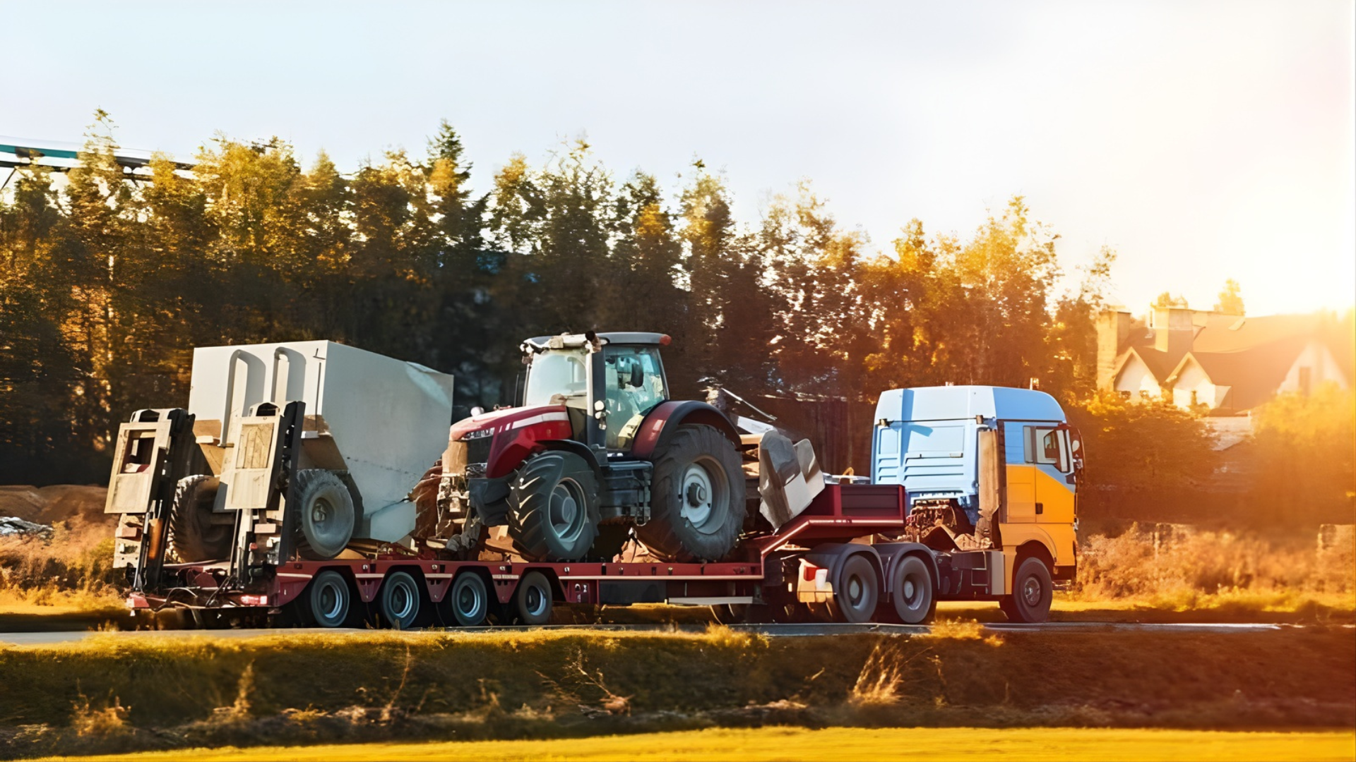 A imagem de máquinas agrícolas sendo transportadas ilustra o serviço de defesa em busca e apreensão rural, focando na proteção do produtor.