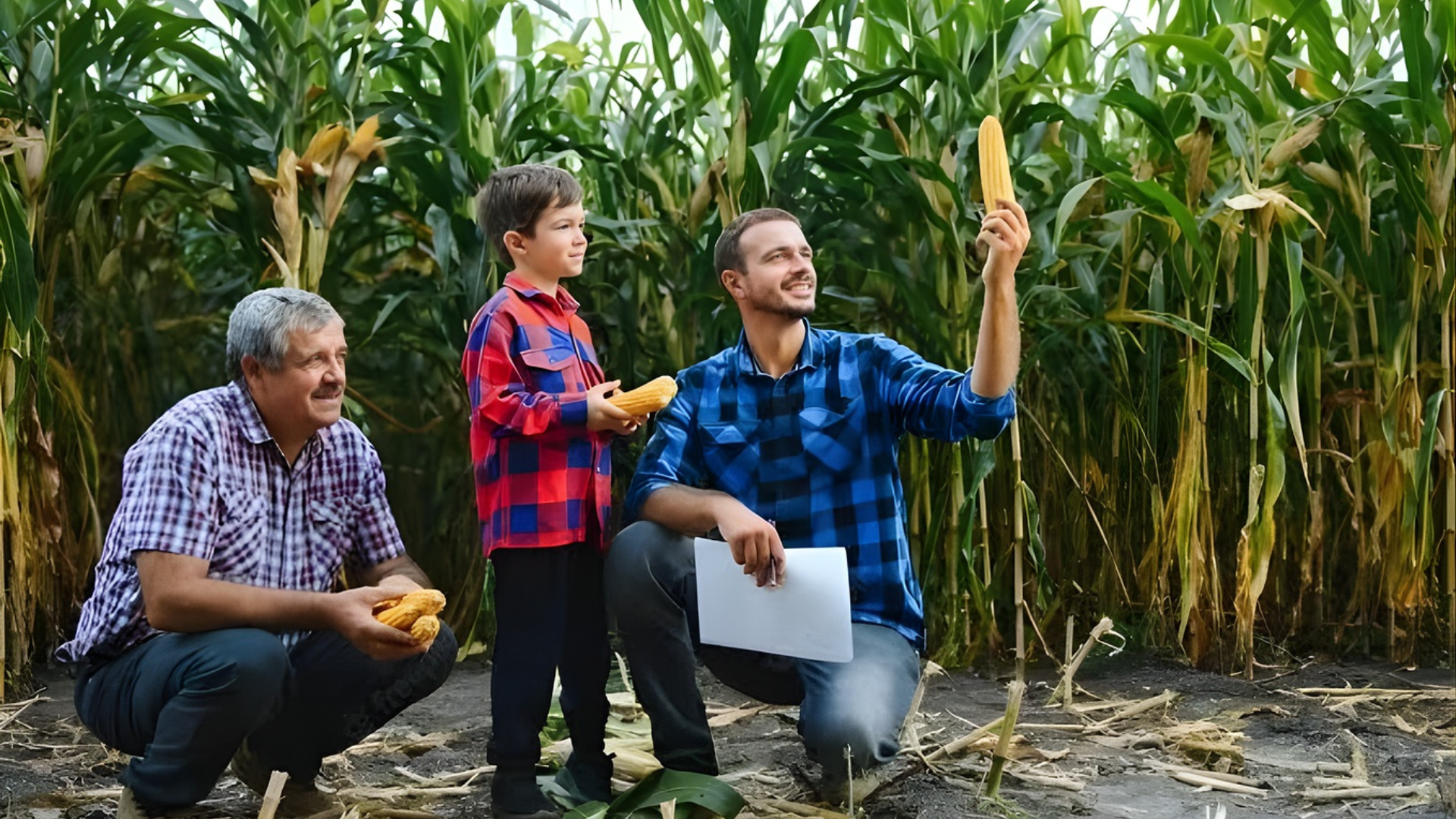 A imagem de uma família em plantação de milho ilustra o serviço de holding rural e a proteção do patrimônio do produtor rural.